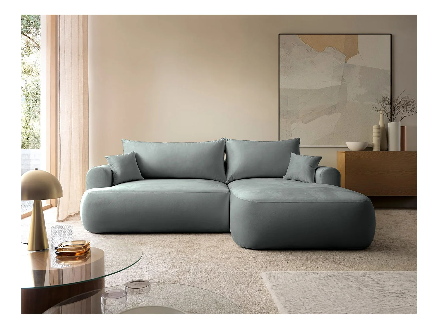 Ecksofa mit Schlaffunktion, Stauraum und Samtbezug - grau - rechts - OVO