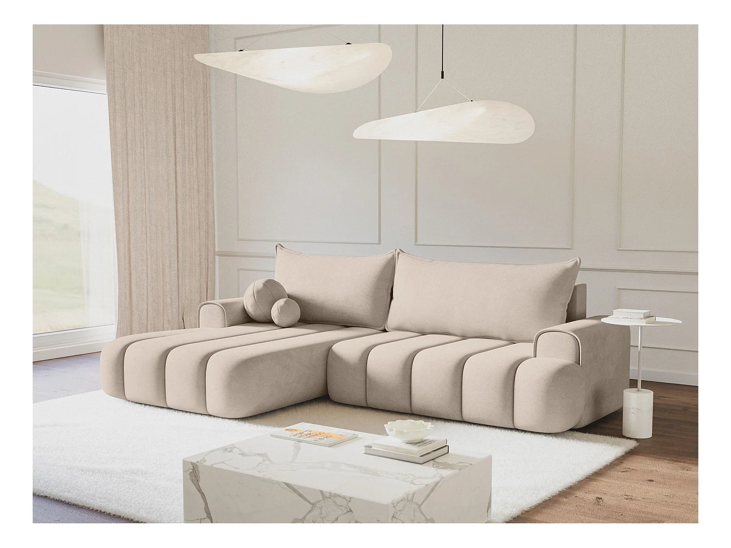 Ecksofa mit Schlaffunktion, Stauraum und Samtbezug - graubeige - links - DANDELINO