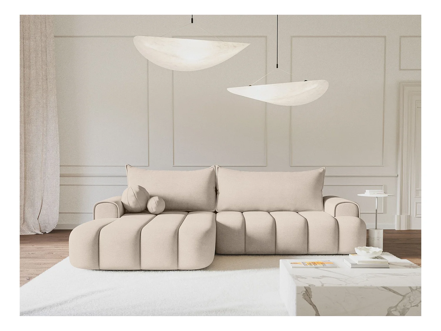 Ecksofa mit Schlaffunktion, Stauraum und Samtbezug - graubeige - links - DANDELINO