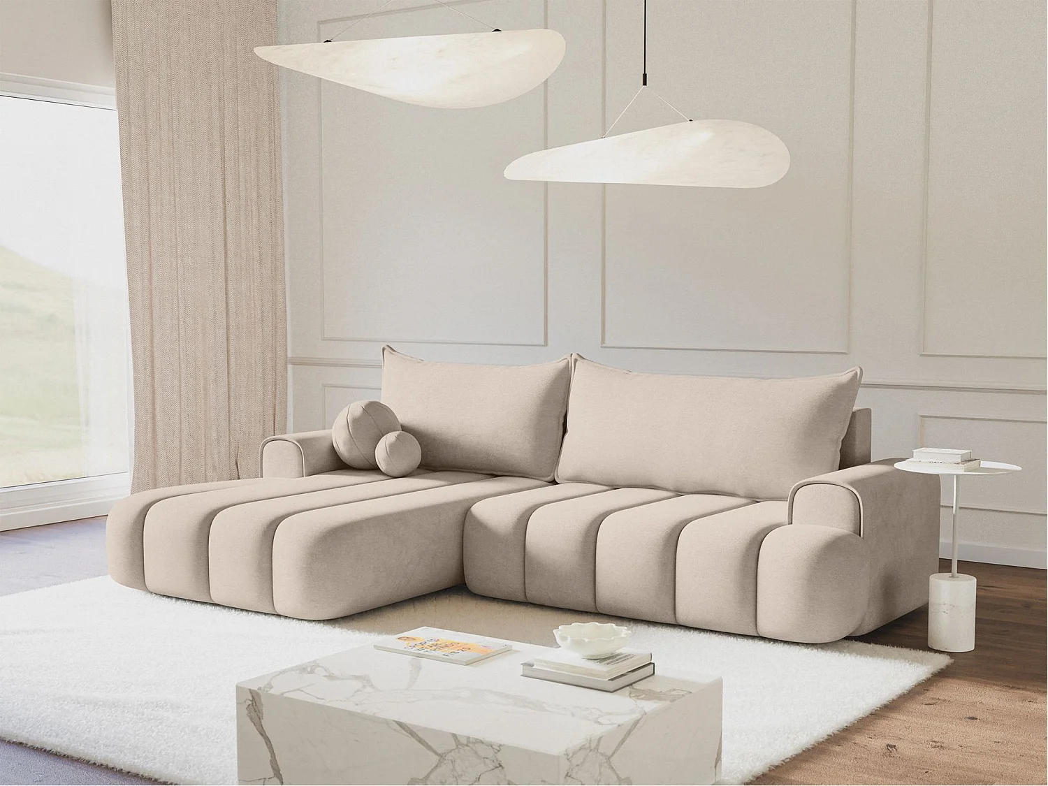 Canapé d'angle convertible - en velours grège avec revêtement - côté gauche- DANDELINO