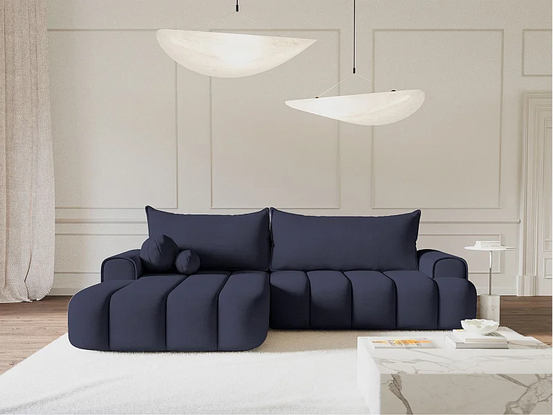 Ecksofa mit Schlaffunktion, Stauraum und Samtbezug - marineblau - links - DANDELINO