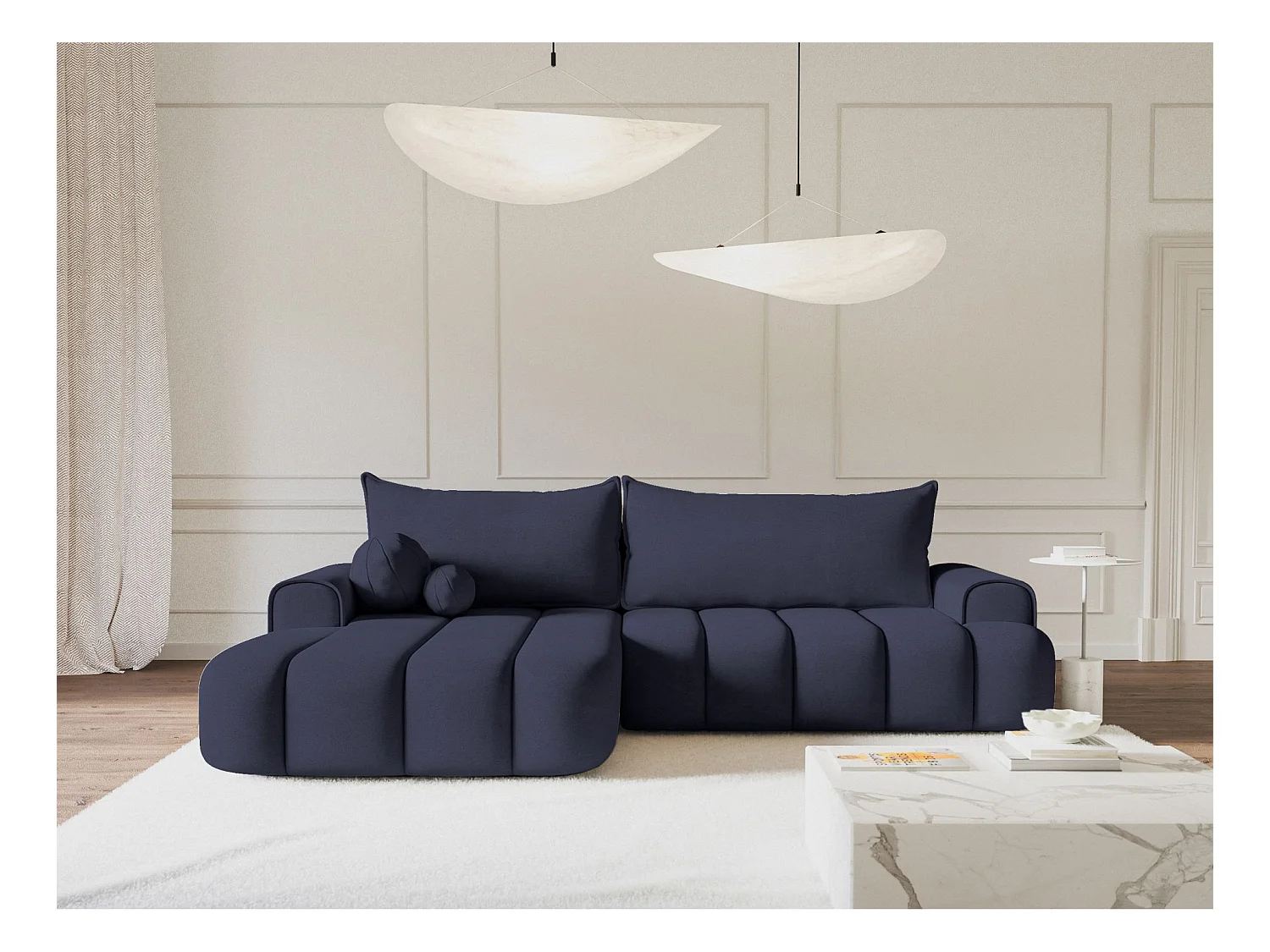 Canapé d'angle convertible - en velours marine avec revêtement - côté gauche - DANDELINO