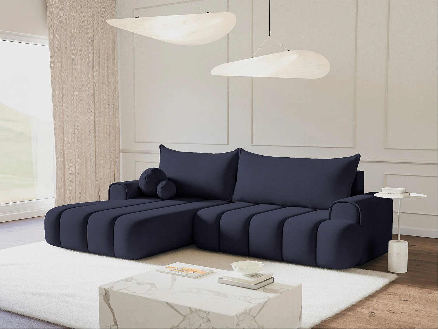 Canapé d'angle convertible - en velours marine avec revêtement - côté gauche - DANDELINO