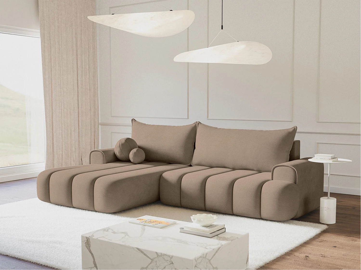 Canapé d'angle convertible - en velours beige foncé avec revêtement - côté gauche - DANDELINO