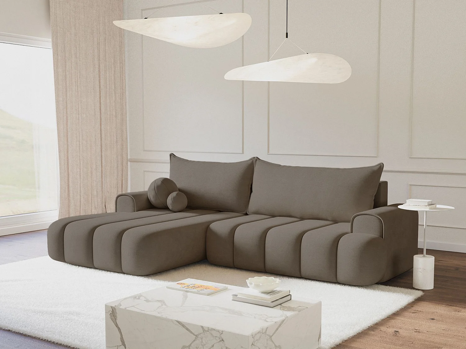Canapé d'angle convertible - en velours beige foncé avec revêtement - côté gauche - DANDELINO