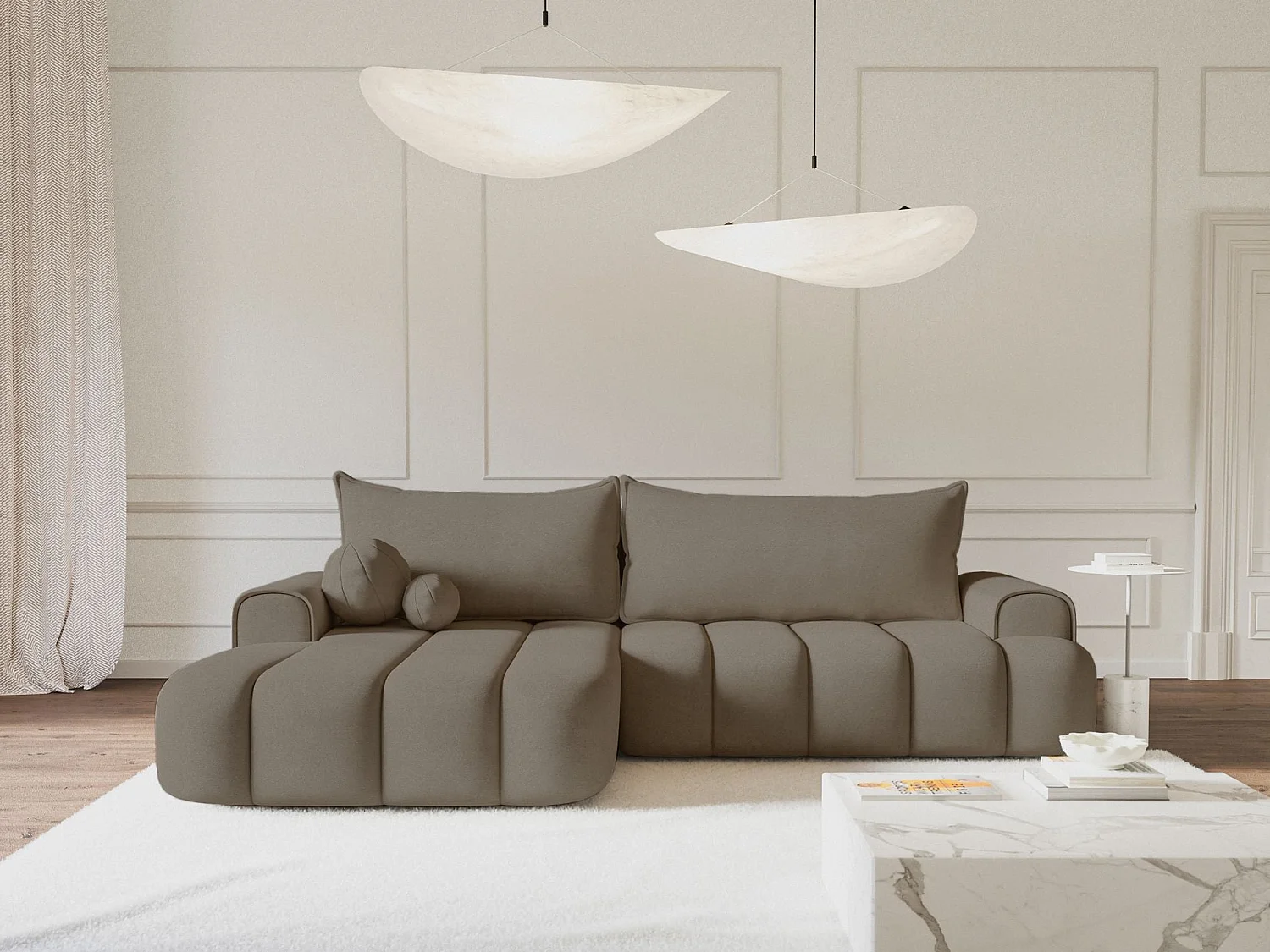 Hoekbank - in donkerbeige fluweel met stoffering - linkerzijde - DANDELINO