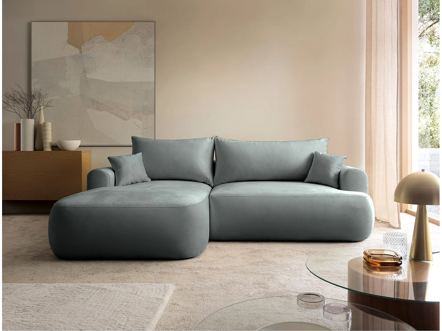 Omkeerbare hoekbank - in grijs fluweel - linkerzijde - OVO L