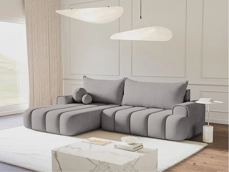 Ecksofa mit Schlaffunktion, Stauraum und Samtbezug - grau - links - DANDELINO