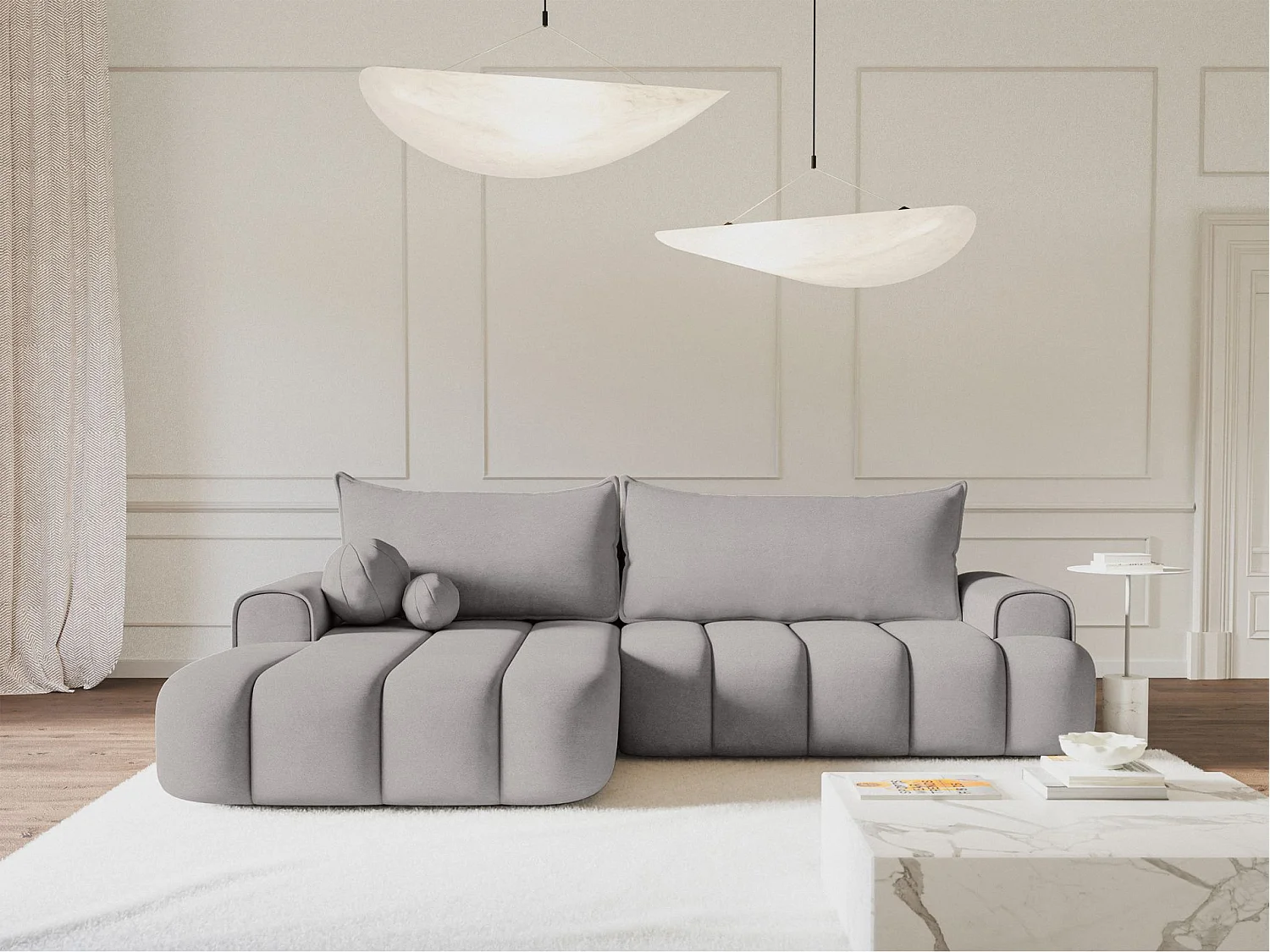 Canapé d'angle convertible - en velours gris avec revêtement -côté gauche - DANDELINO