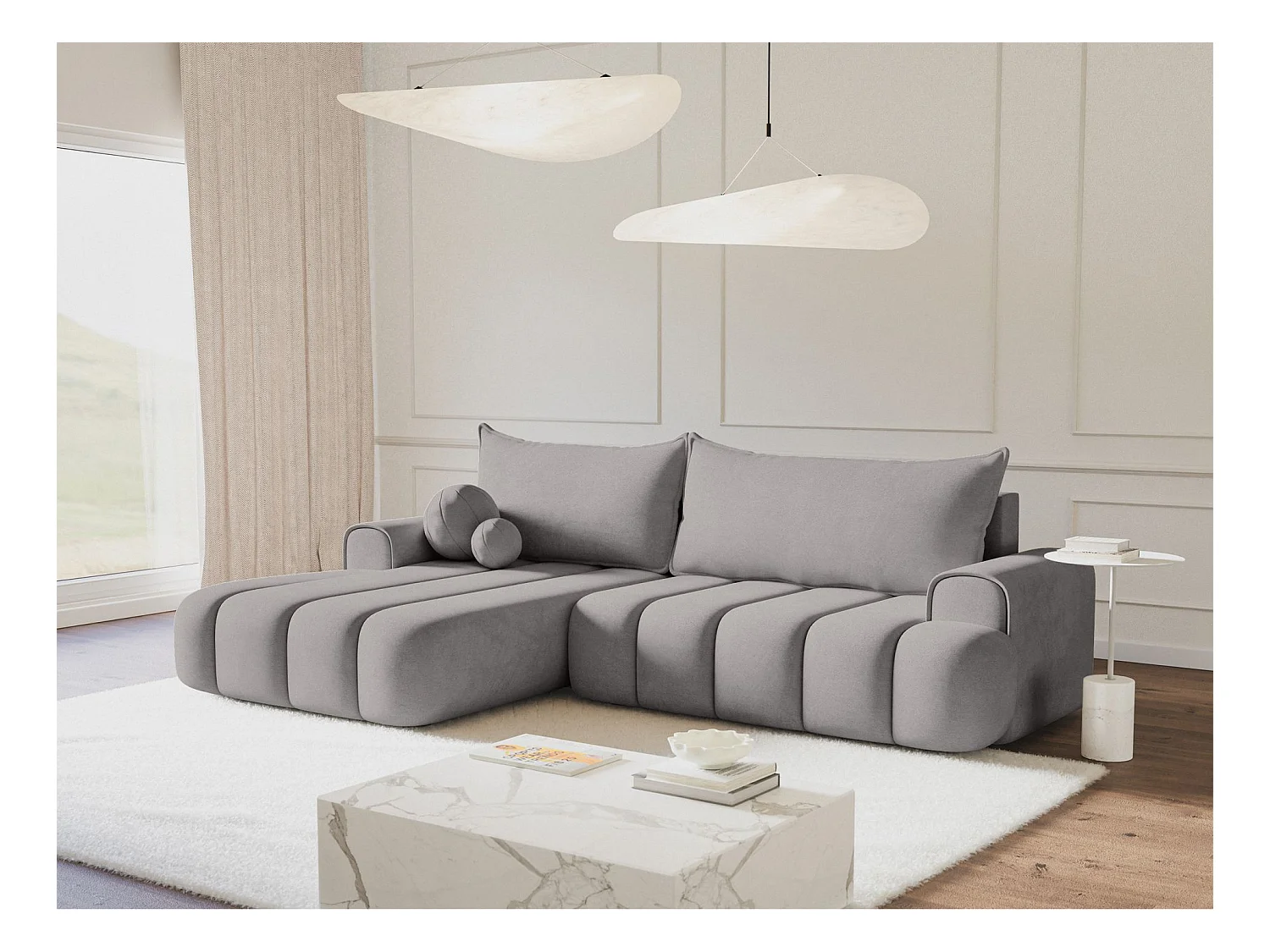 Canapé d'angle convertible - en velours gris avec revêtement -côté gauche - DANDELINO