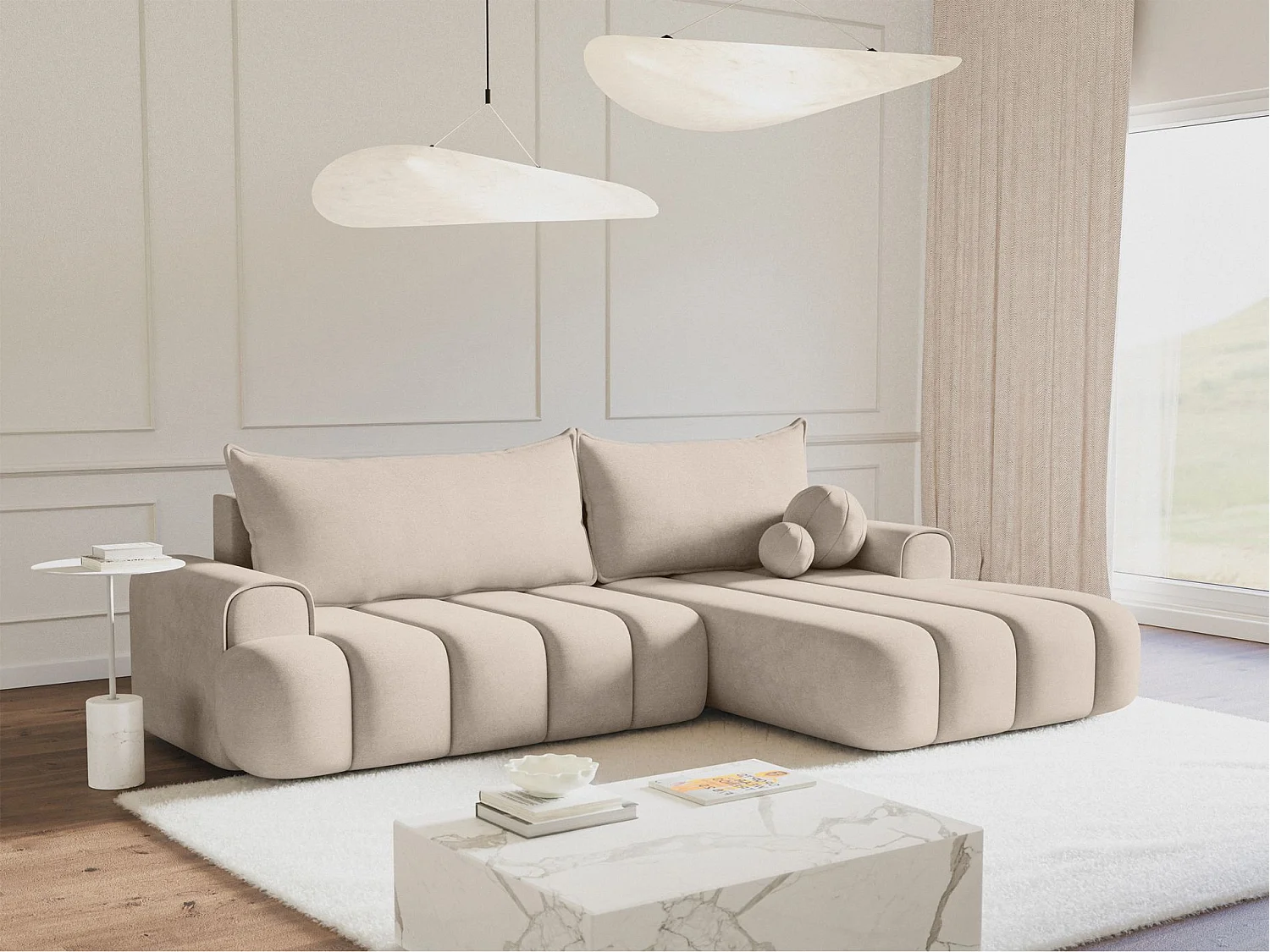 Canapé d'angle convertible - en velours grège avec revêtement - côté droit - DANDELINO