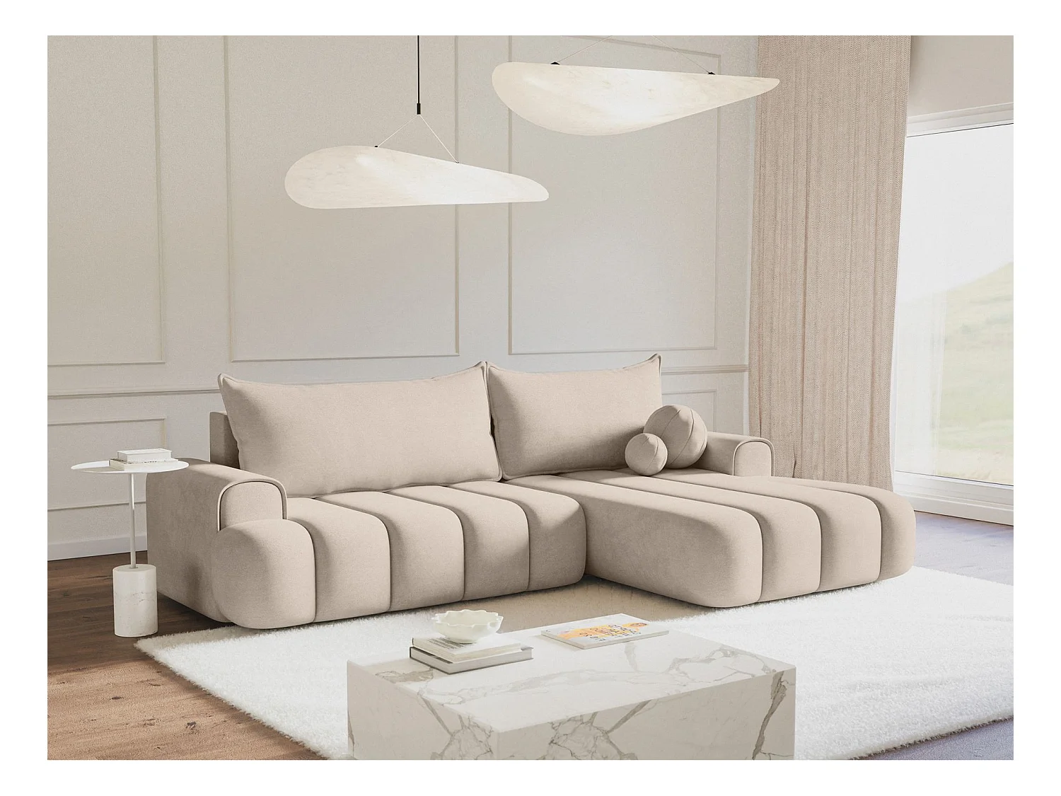 Canapé d'angle convertible - en velours grège avec revêtement - côté droit - DANDELINO