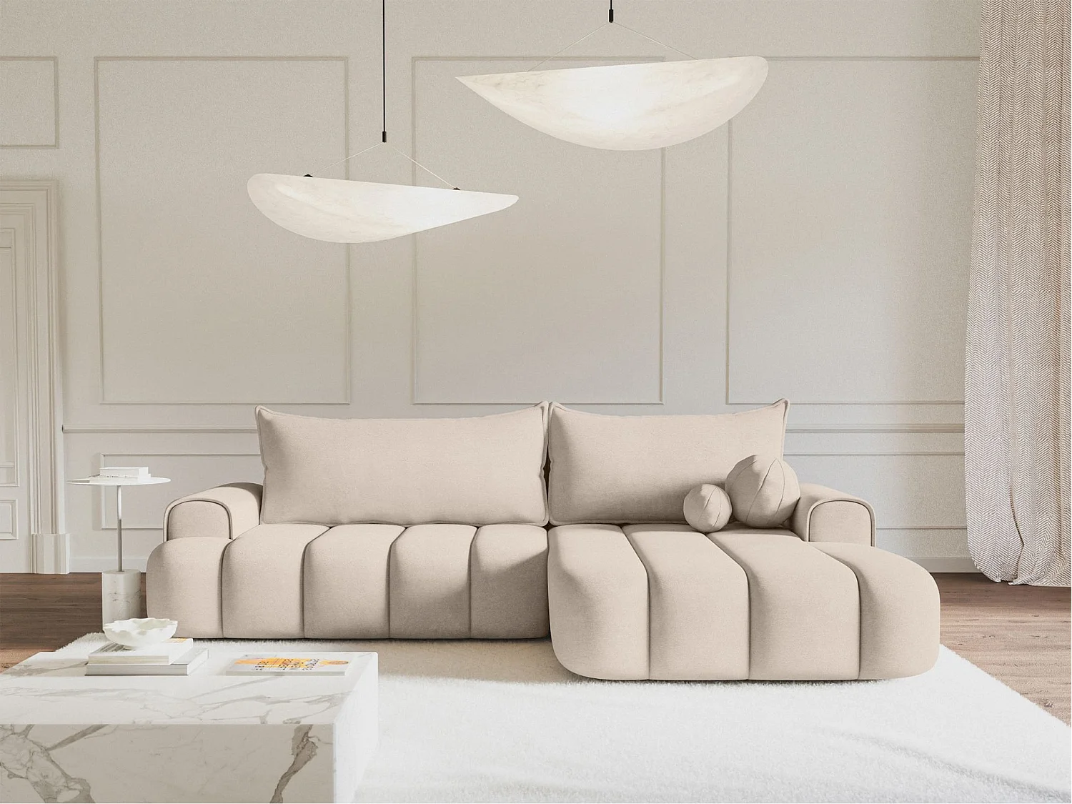 Canapé d'angle convertible - en velours grège avec revêtement - côté droit - DANDELINO