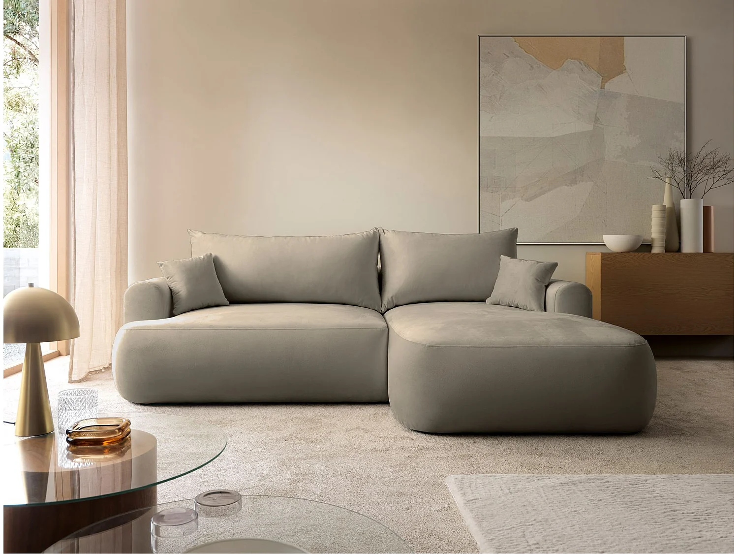 Canapé d'angle réversible - en velours gris-beige- côté droit - OVO L