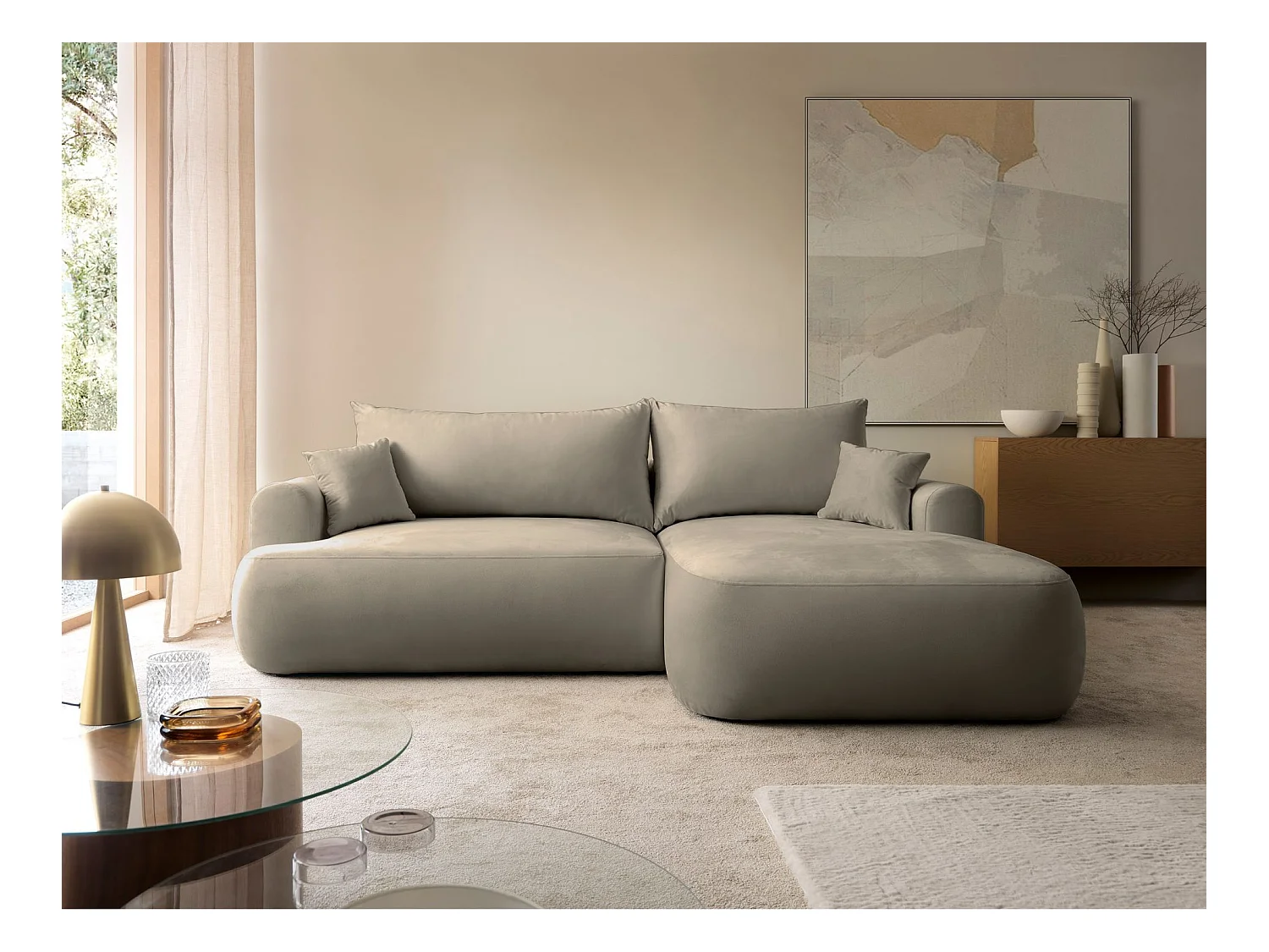 Canapé d'angle réversible - en velours gris-beige- côté droit - OVO L