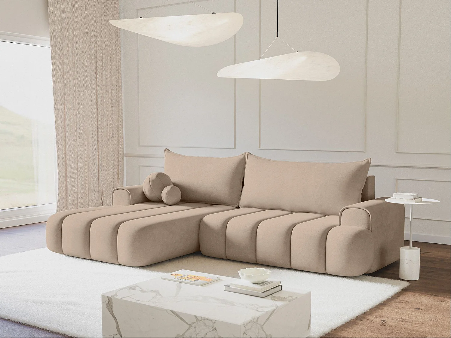 Canapé d'angle convertible - en velours beige avec revêtement - côté gauche - DANDELINO