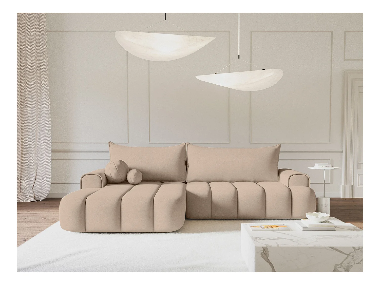 Canapé d'angle convertible - en velours beige avec revêtement - côté gauche - DANDELINO