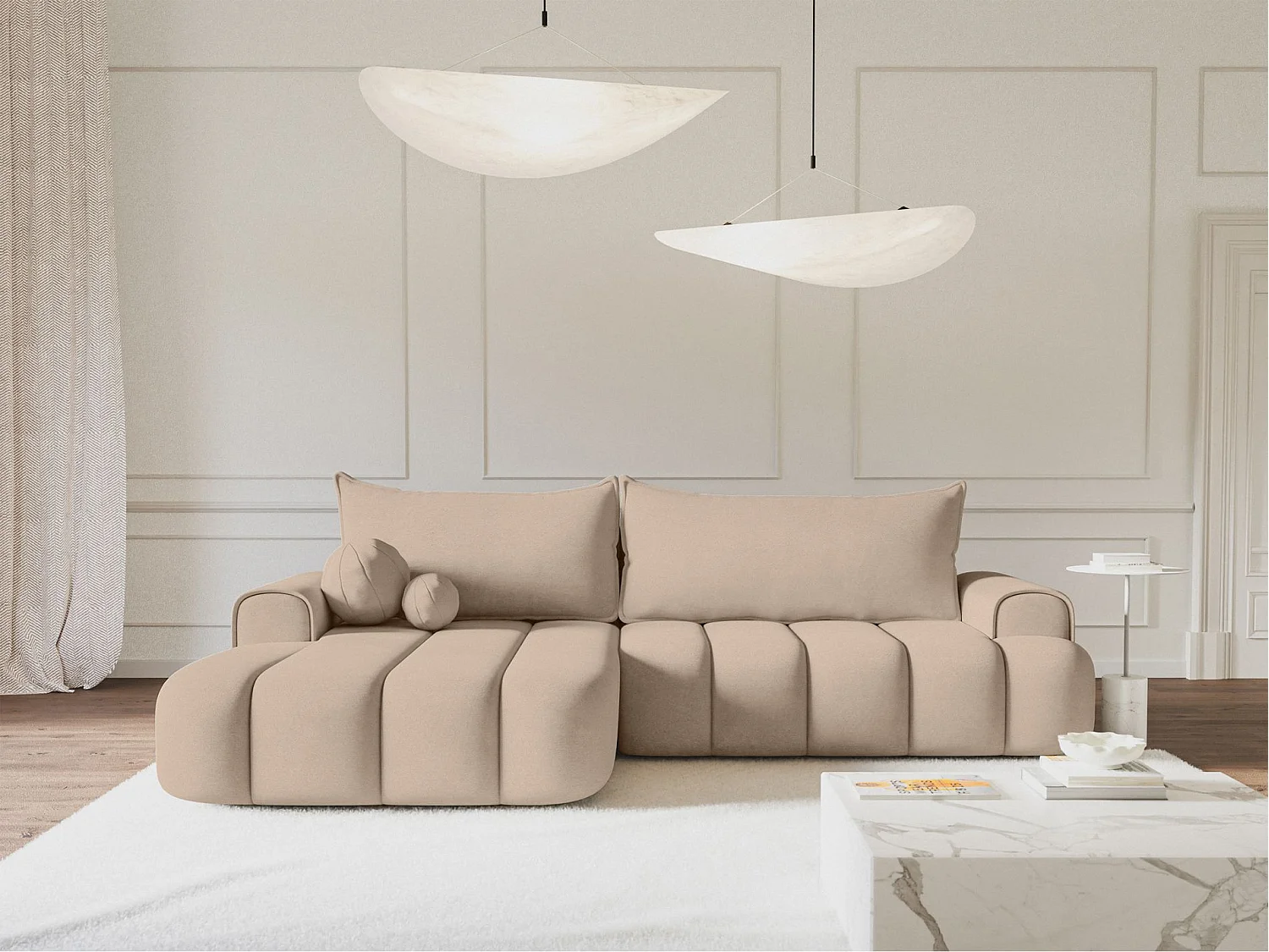 Canapé d'angle convertible - en velours beige avec revêtement - côté gauche - DANDELINO