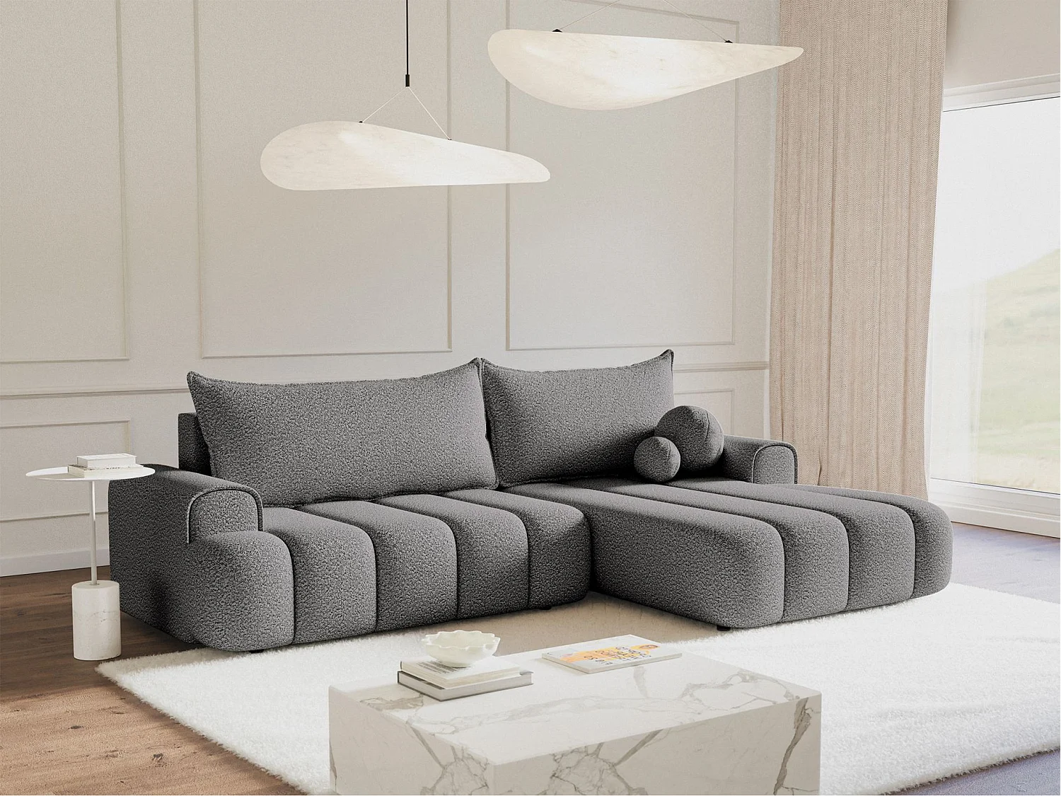 Canapé d'angle convertible - en bouclé gris avec revêtement - côté droit - DANDELINO