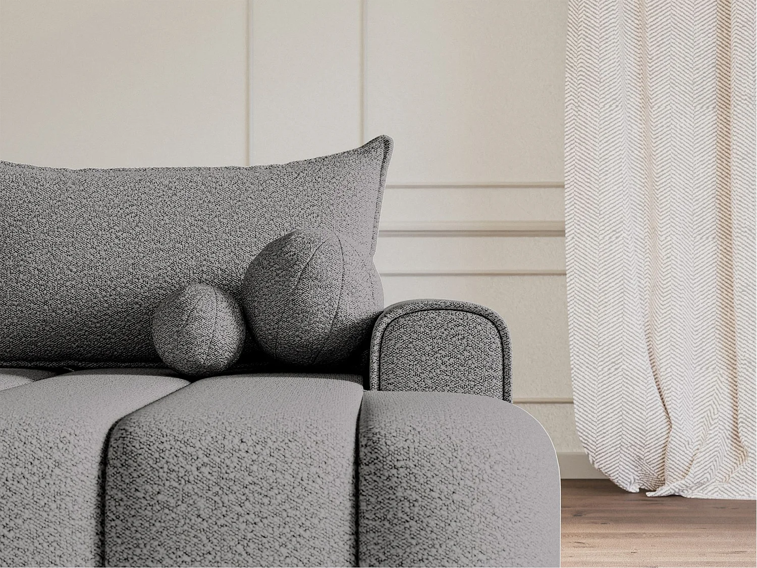 Canapé d'angle convertible - en bouclé gris avec revêtement - côté droit - DANDELINO