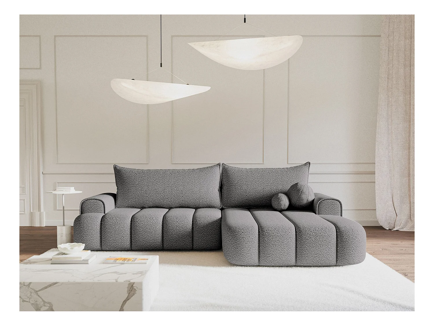 Canapé d'angle convertible - en bouclé gris avec revêtement - côté droit - DANDELINO