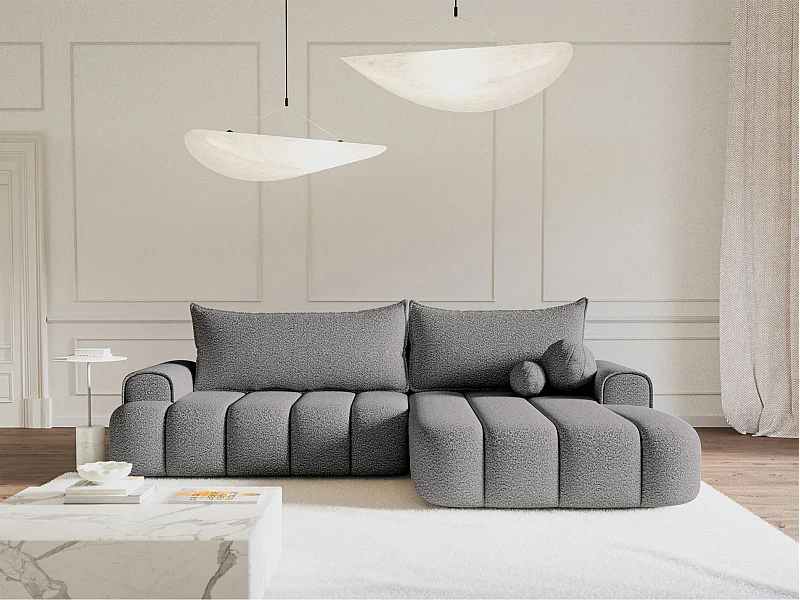 Ecksofa mit Schlaffunktion, Stauraum und Bouclé-Bezug - grau - rechts - DANDELINO