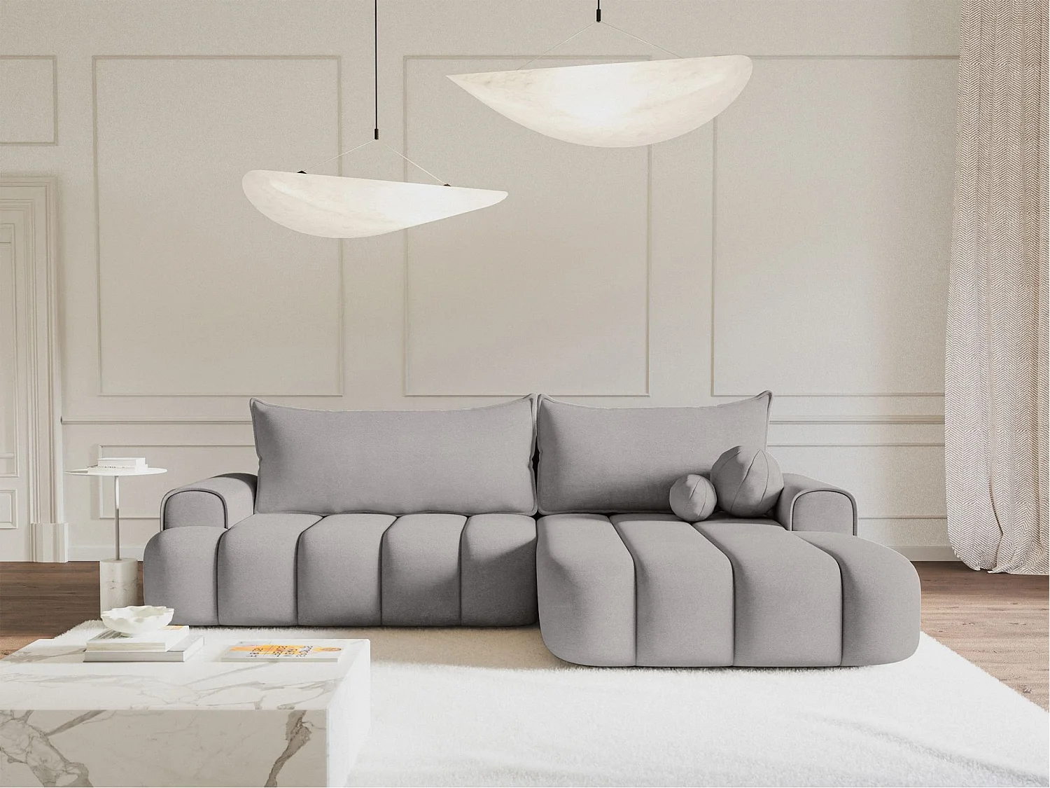 Canapé d'angle convertible - en velours gris avec revêtement - côté droit - DANDELINO