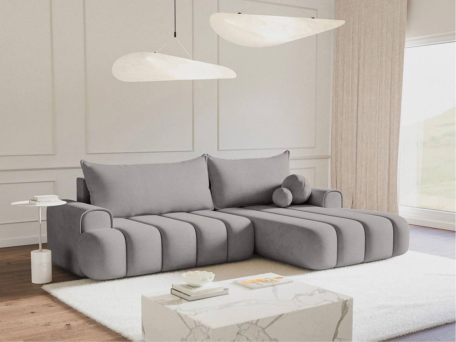 Canapé d'angle convertible - en velours gris avec revêtement - côté droit - DANDELINO