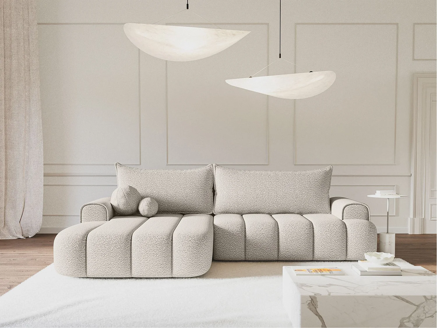 Canapé d'angle convertible - en bouclé crème avec revêtement - côté gauche - DANDELINO