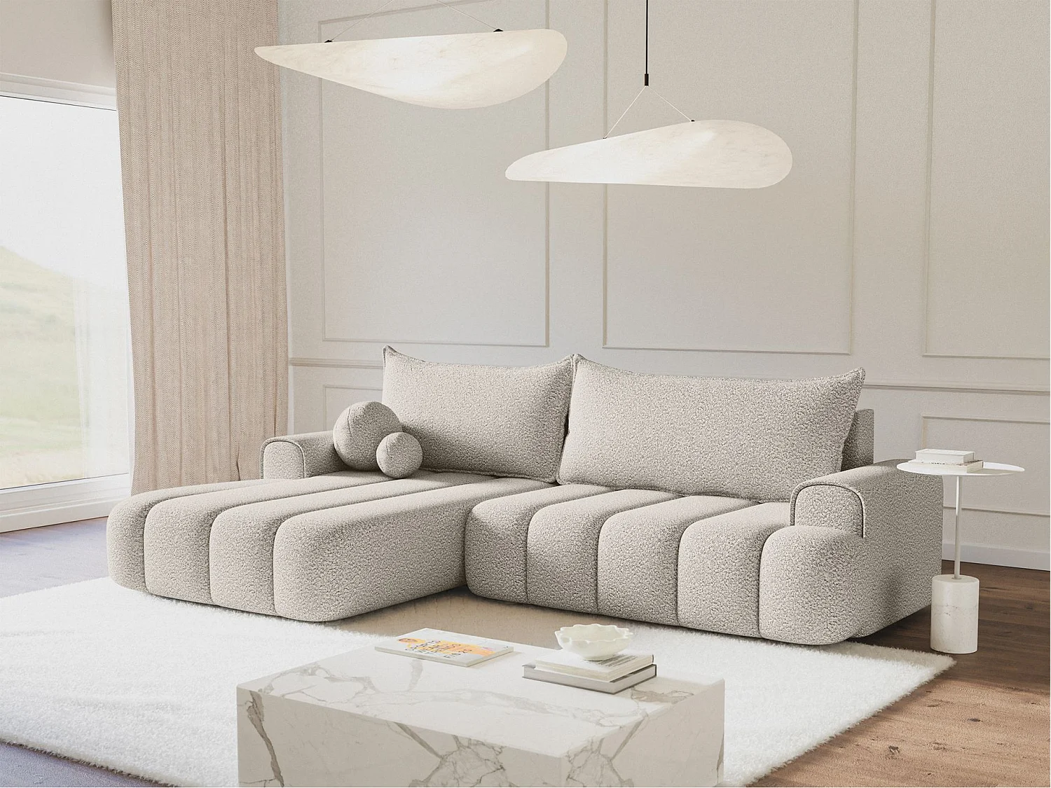 Canapé d'angle convertible - en bouclé crème avec revêtement - côté gauche - DANDELINO