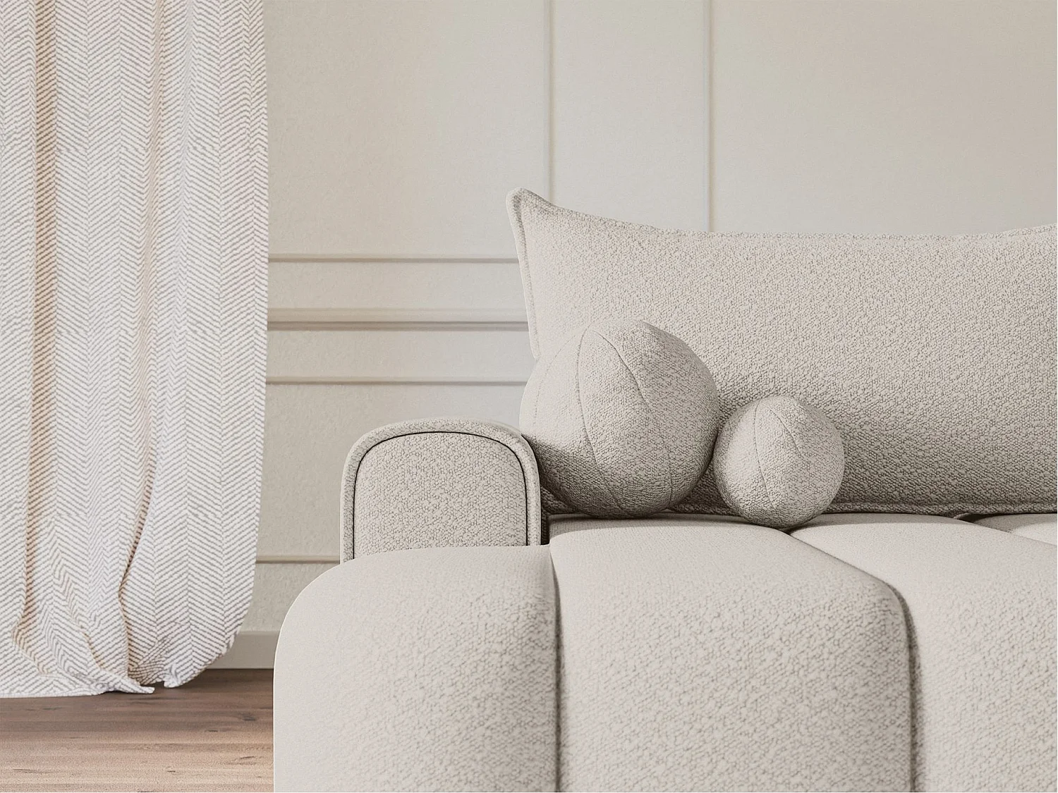 Ecksofa mit Schlaffunktion, Stauraum und Bouclé-Bezug - creme - links - DANDELINO
