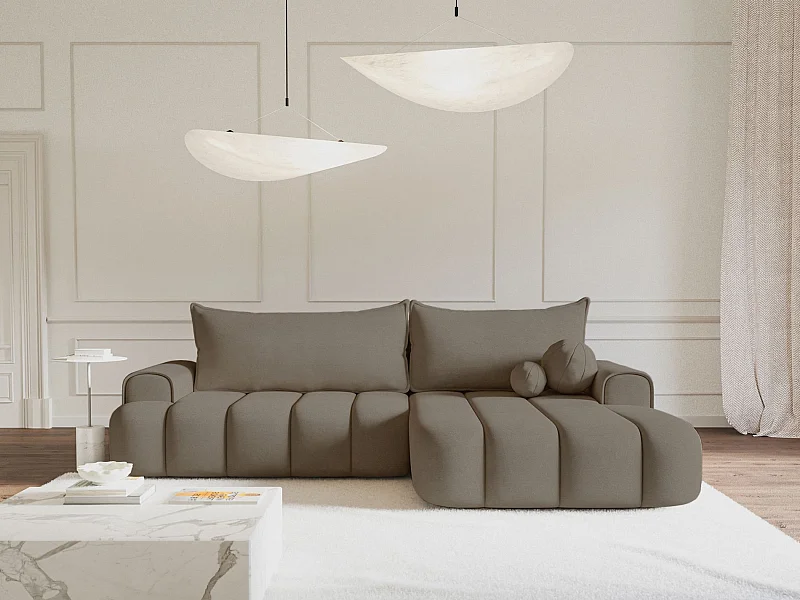 Canapé d'angle convertible - en velours beige foncé avec revêtement - côté droit - DANDELINO