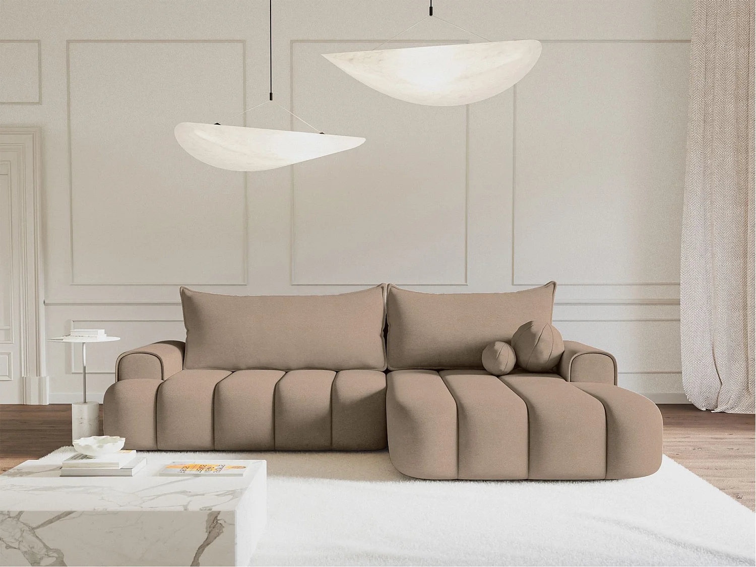 Canapé d'angle convertible - en velours beige foncé avec revêtement - côté droit - DANDELINO