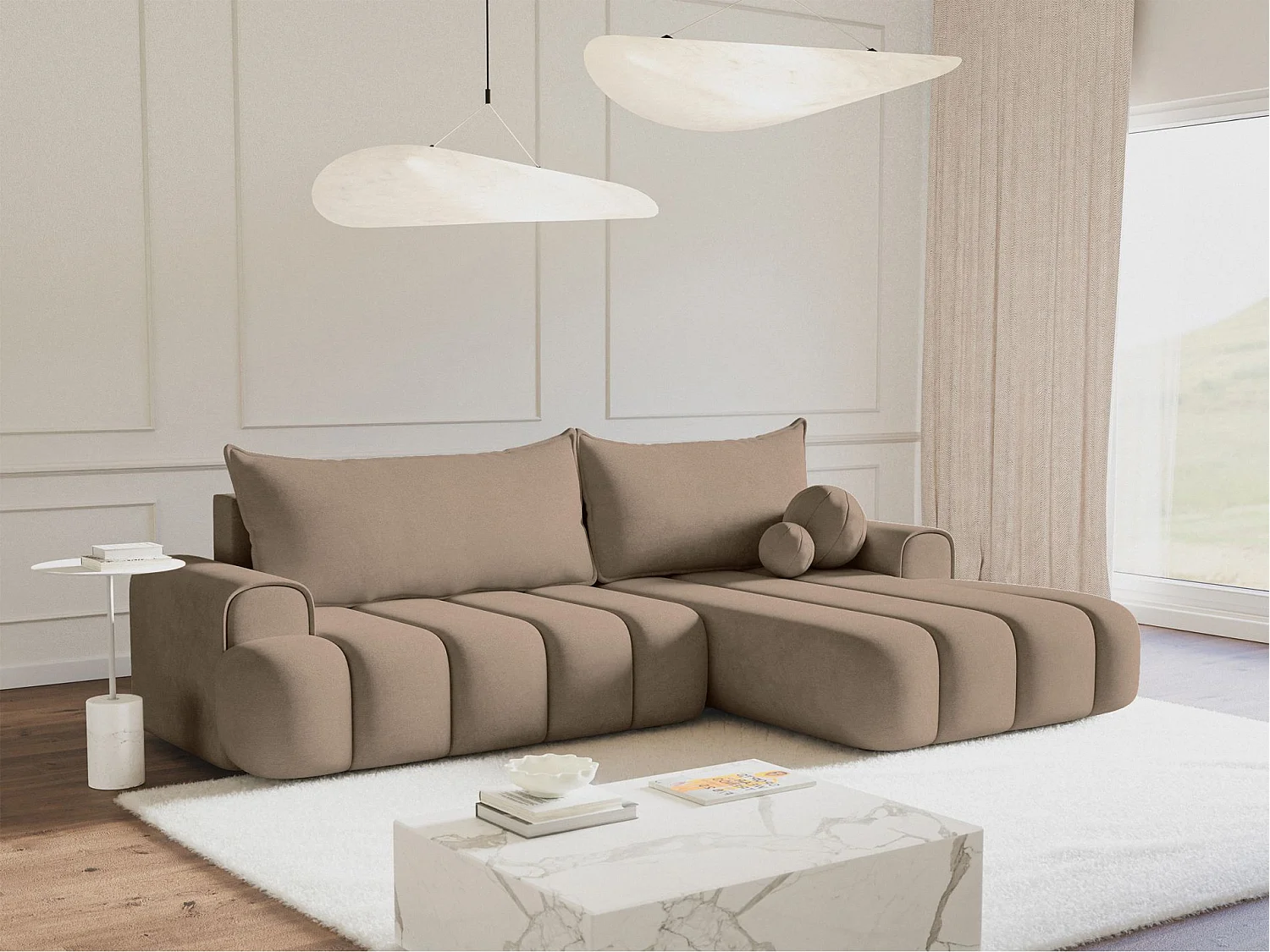 Canapé d'angle convertible - en velours beige foncé avec revêtement - côté droit - DANDELINO