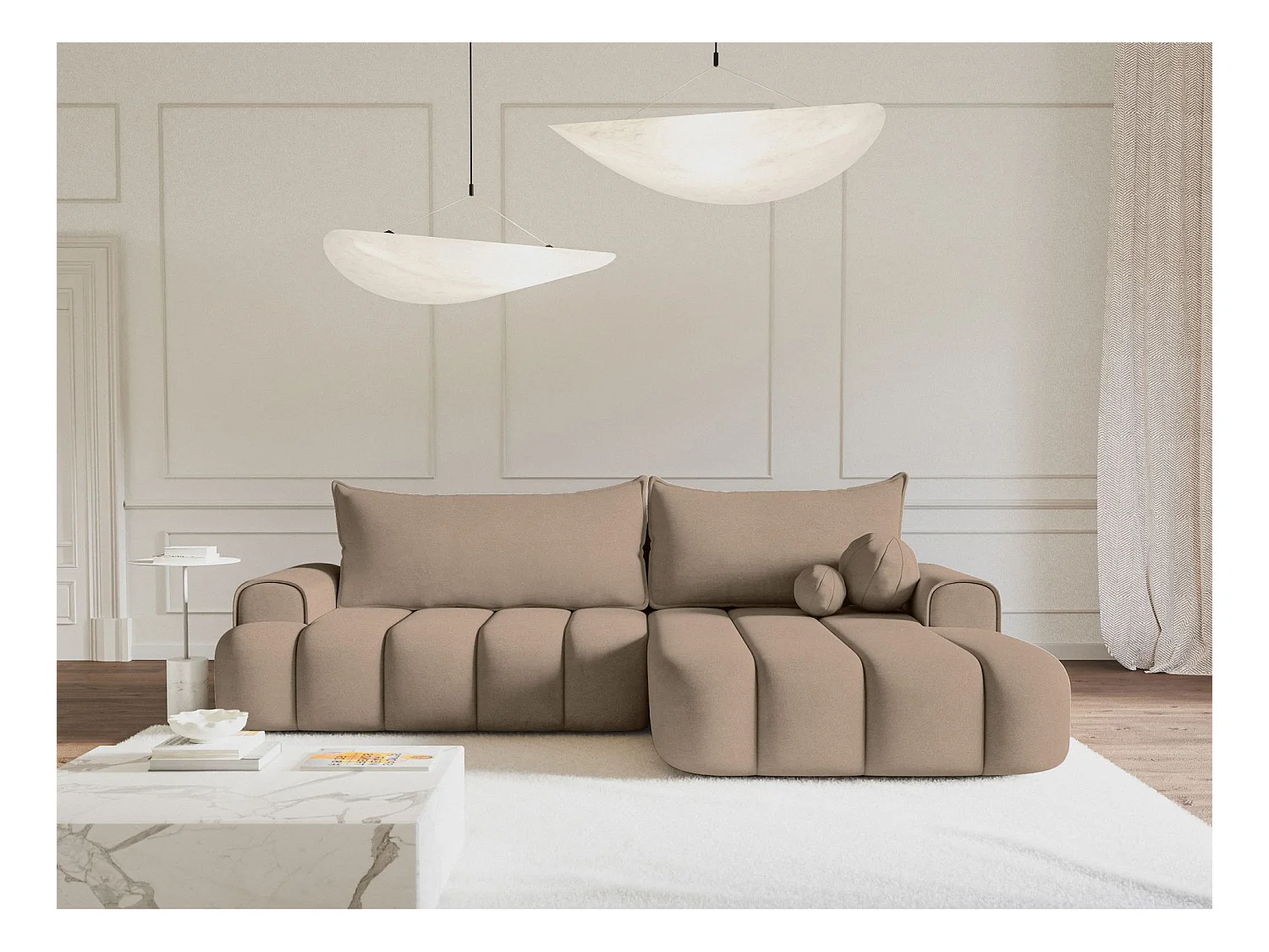 Canapé d'angle convertible - en velours beige foncé avec revêtement - côté droit - DANDELINO