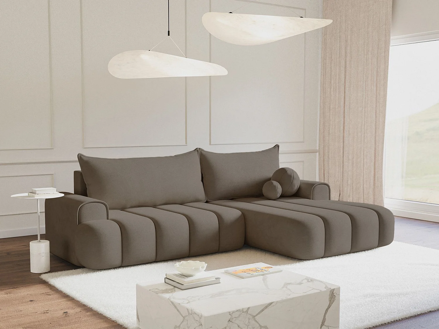 Ecksofa mit Schlaffunktion, Stauraum und Samtbezug - dunkelbeige - rechts - DANDELINO