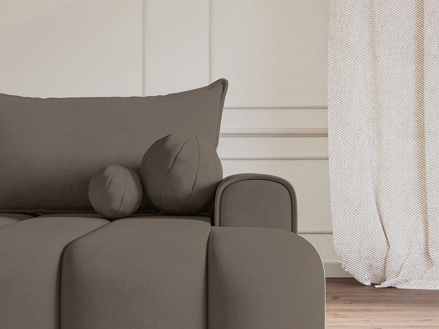 Ecksofa mit Schlaffunktion, Stauraum und Samtbezug - dunkelbeige - rechts - DANDELINO