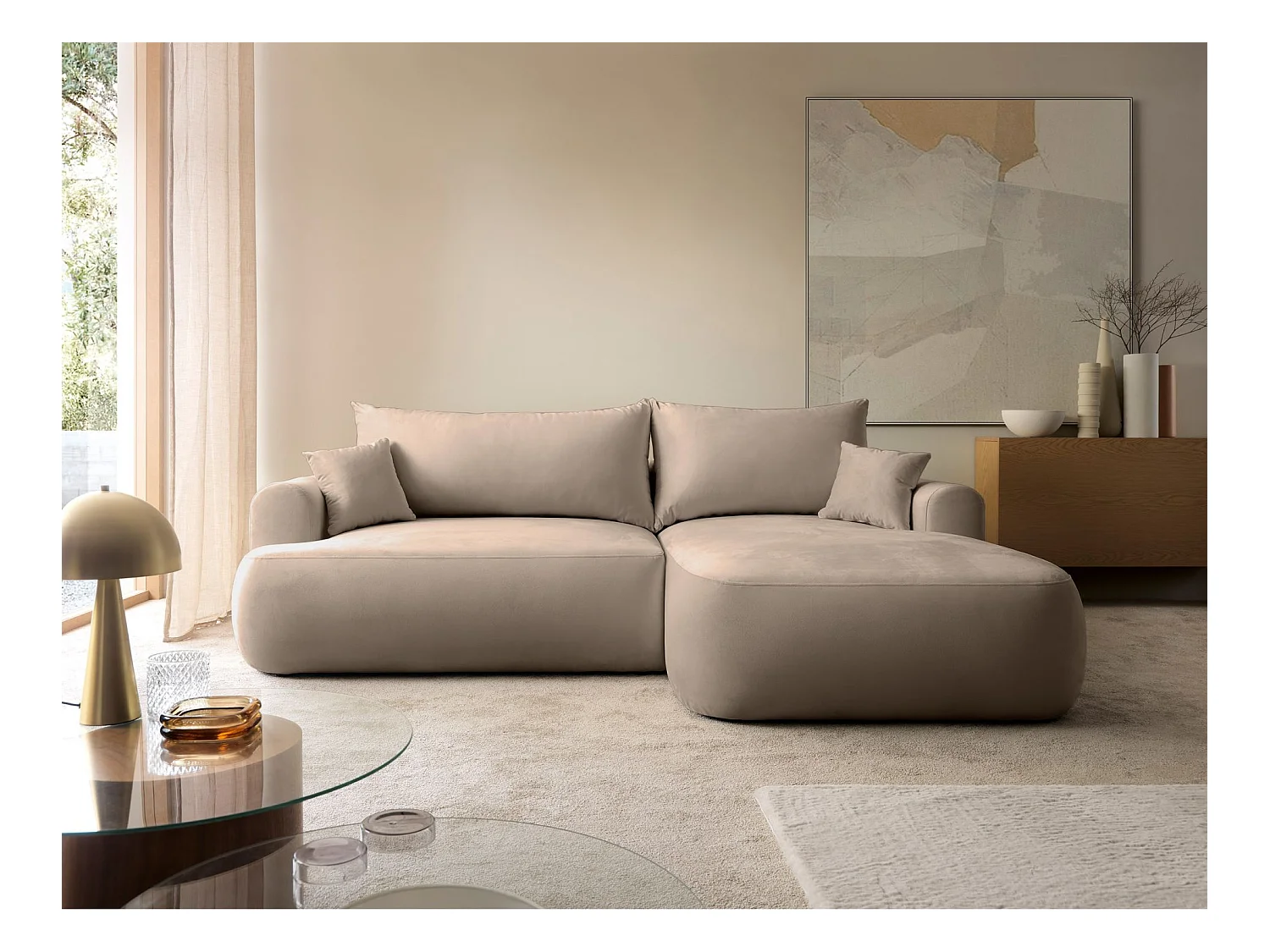 Canapé d'angle réversible - en velours beige- côté droit - OVO L