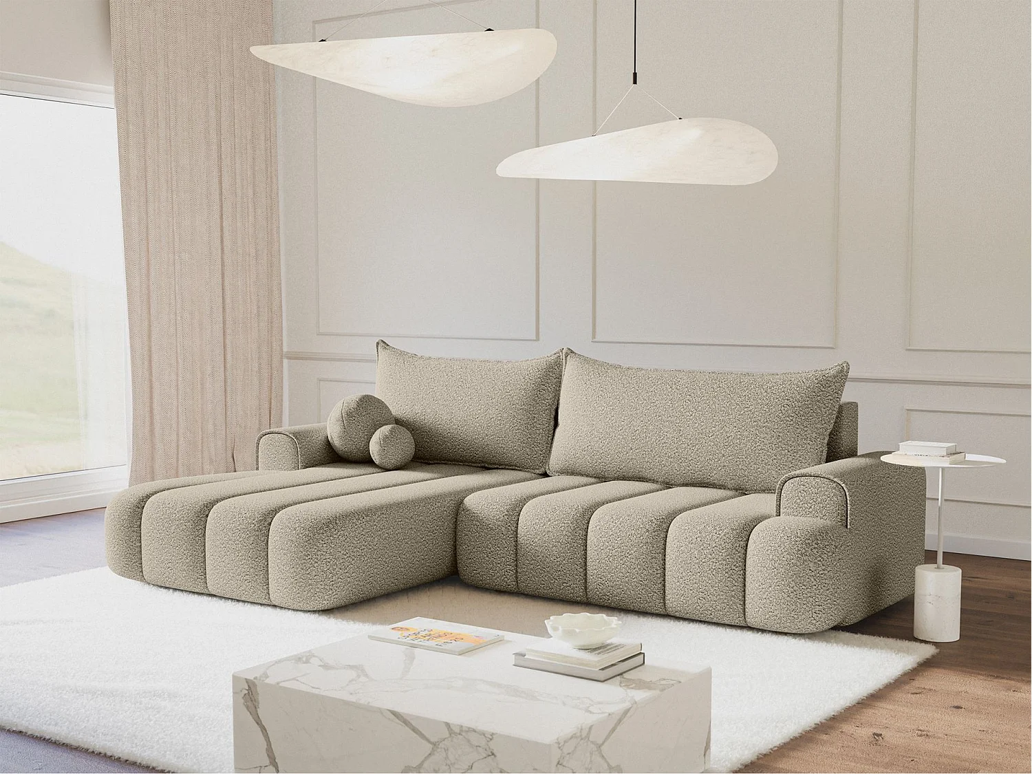 Canapé d'angle convertible - en bouclé beige clair avec revêtement - côté gauche - DANDELINO