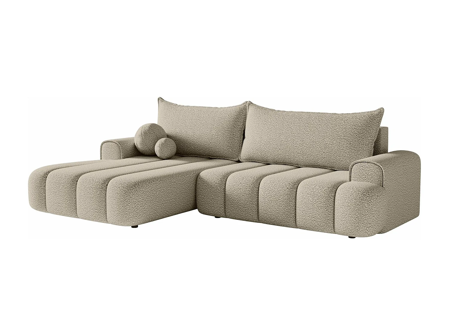 Canapé d'angle convertible - en bouclé beige clair avec revêtement - côté gauche - DANDELINO