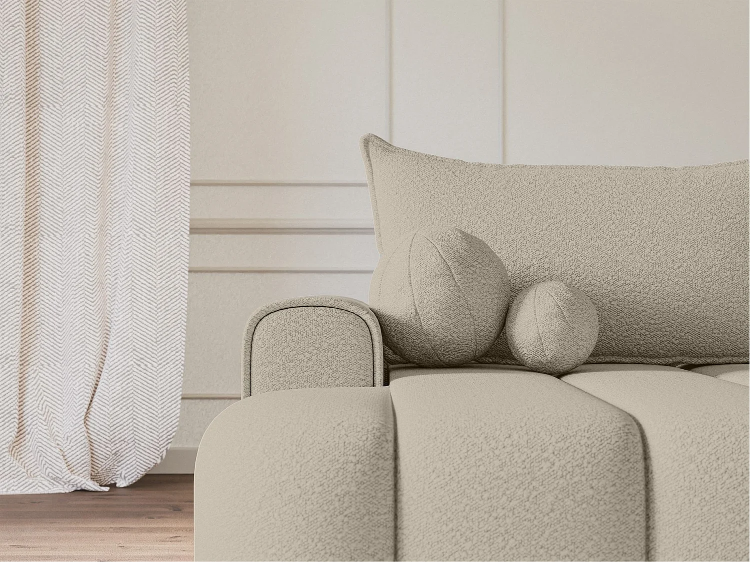 Canapé d'angle convertible - en bouclé beige clair avec revêtement - côté gauche - DANDELINO