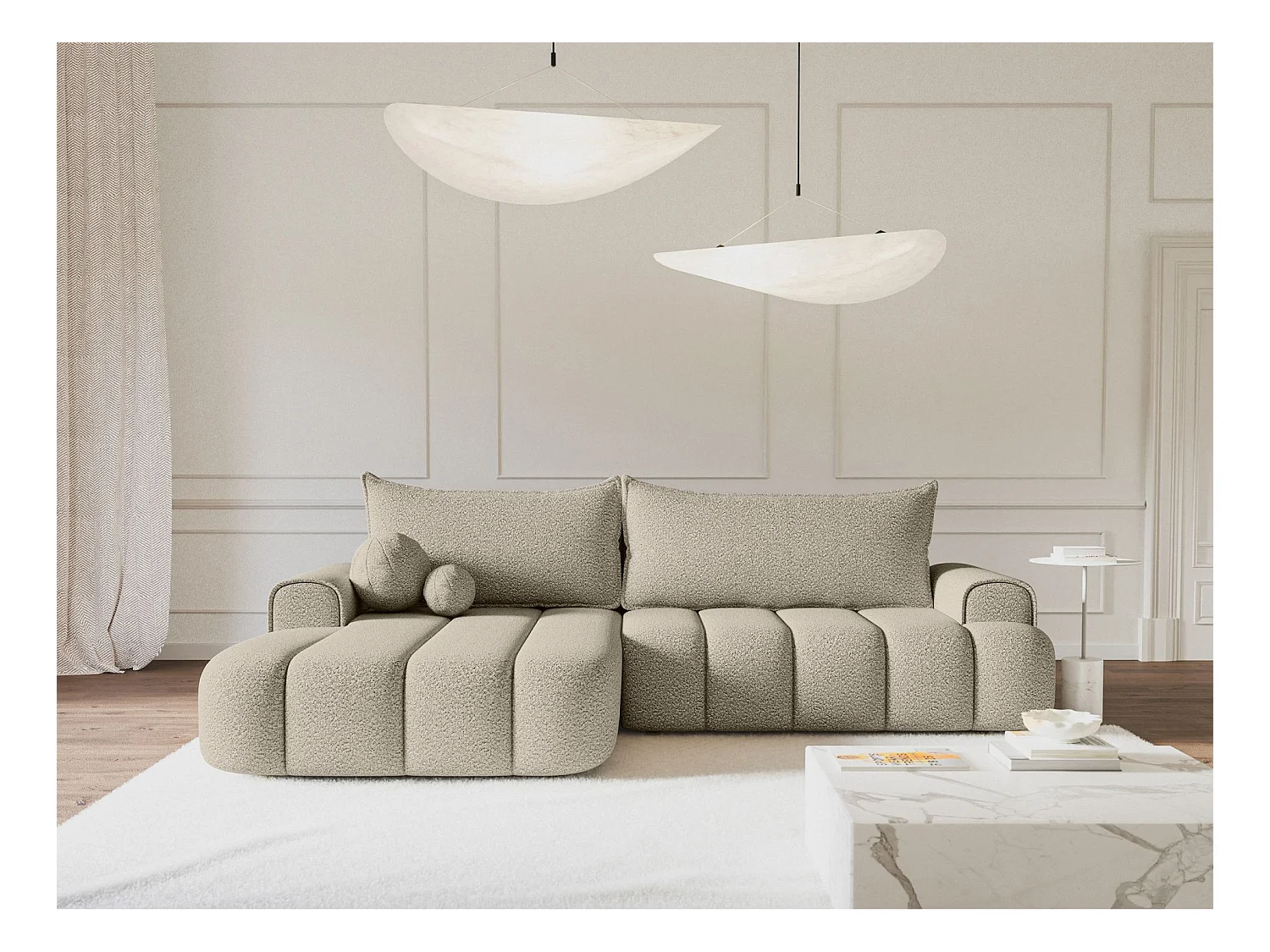 Canapé d'angle convertible - en bouclé beige clair avec revêtement - côté gauche - DANDELINO