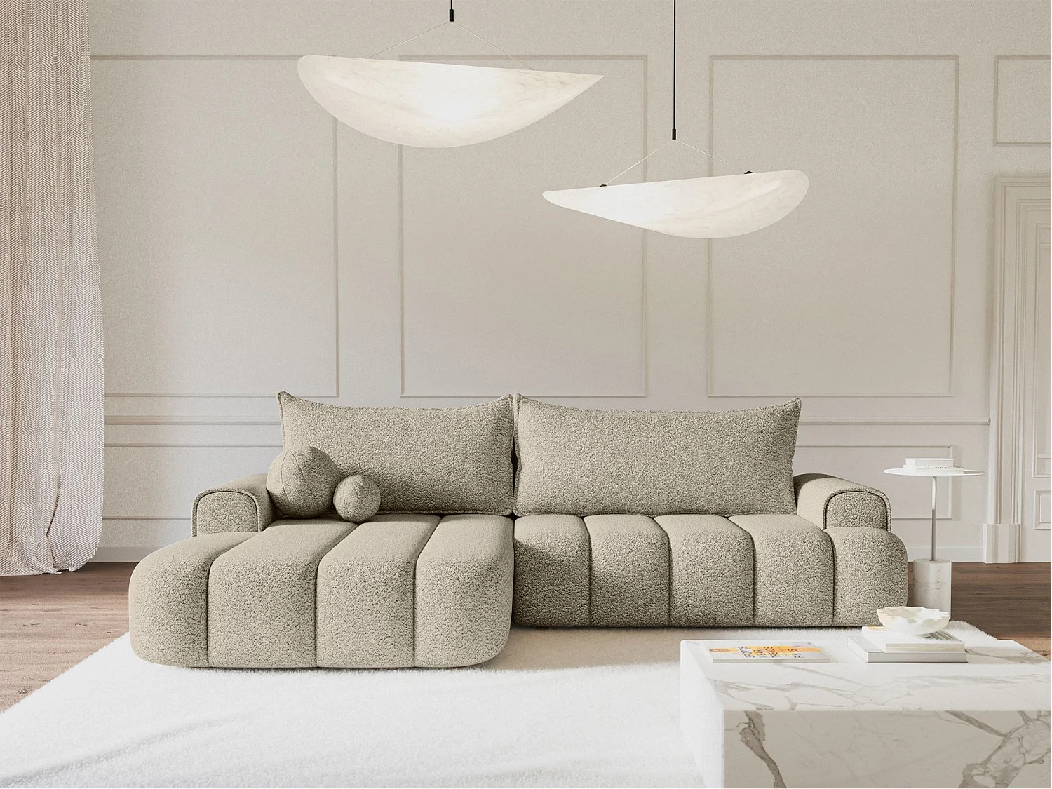 Ecksofa mit Schlaffunktion, Stauraum und Bouclé-Bezug - hellbeige - links - DANDELINO