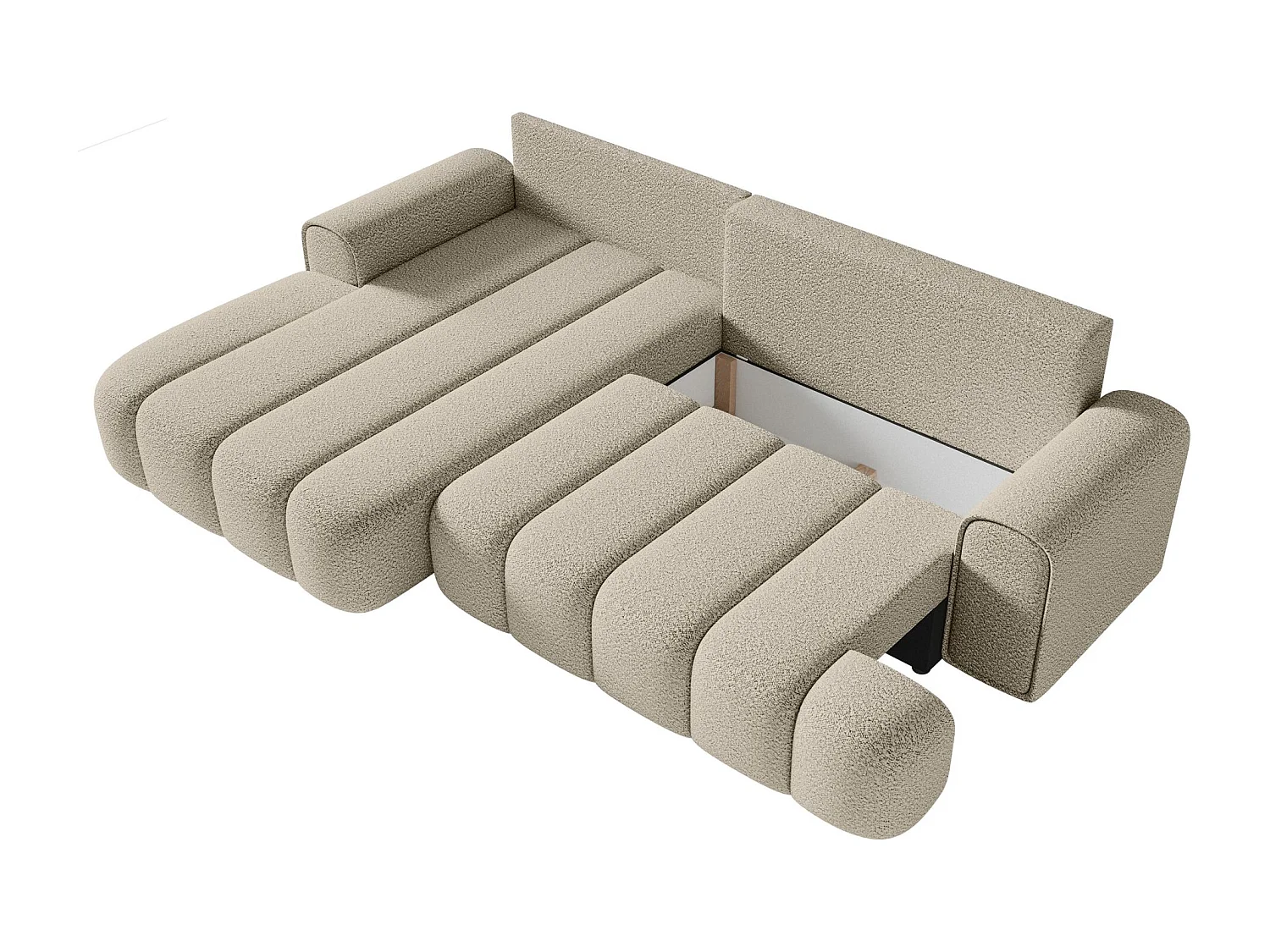 Ecksofa mit Schlaffunktion, Stauraum und Bouclé-Bezug - hellbeige - links - DANDELINO