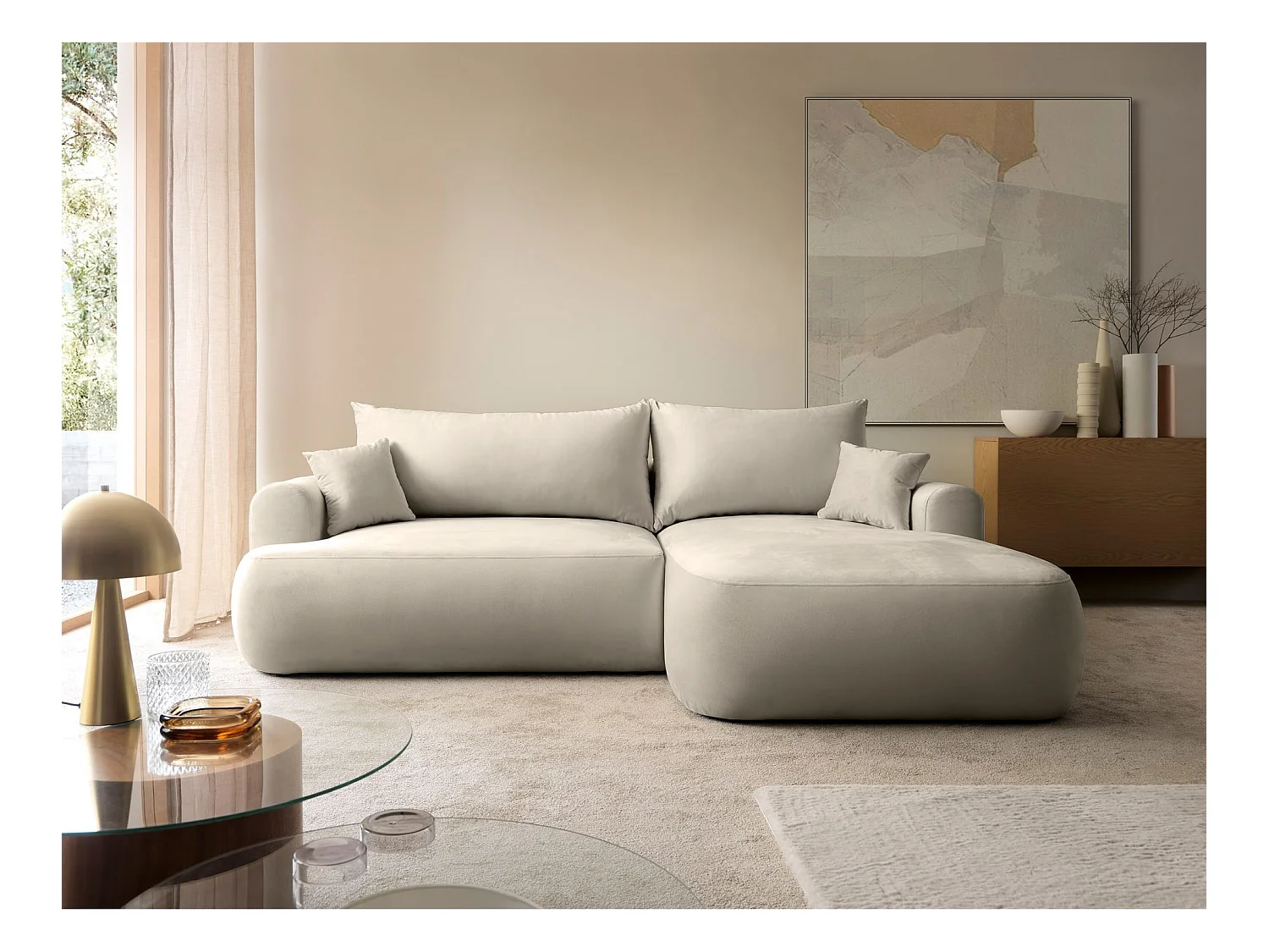 Canapé d'angle réversible - en velours beige clair- côté droit - OVO L