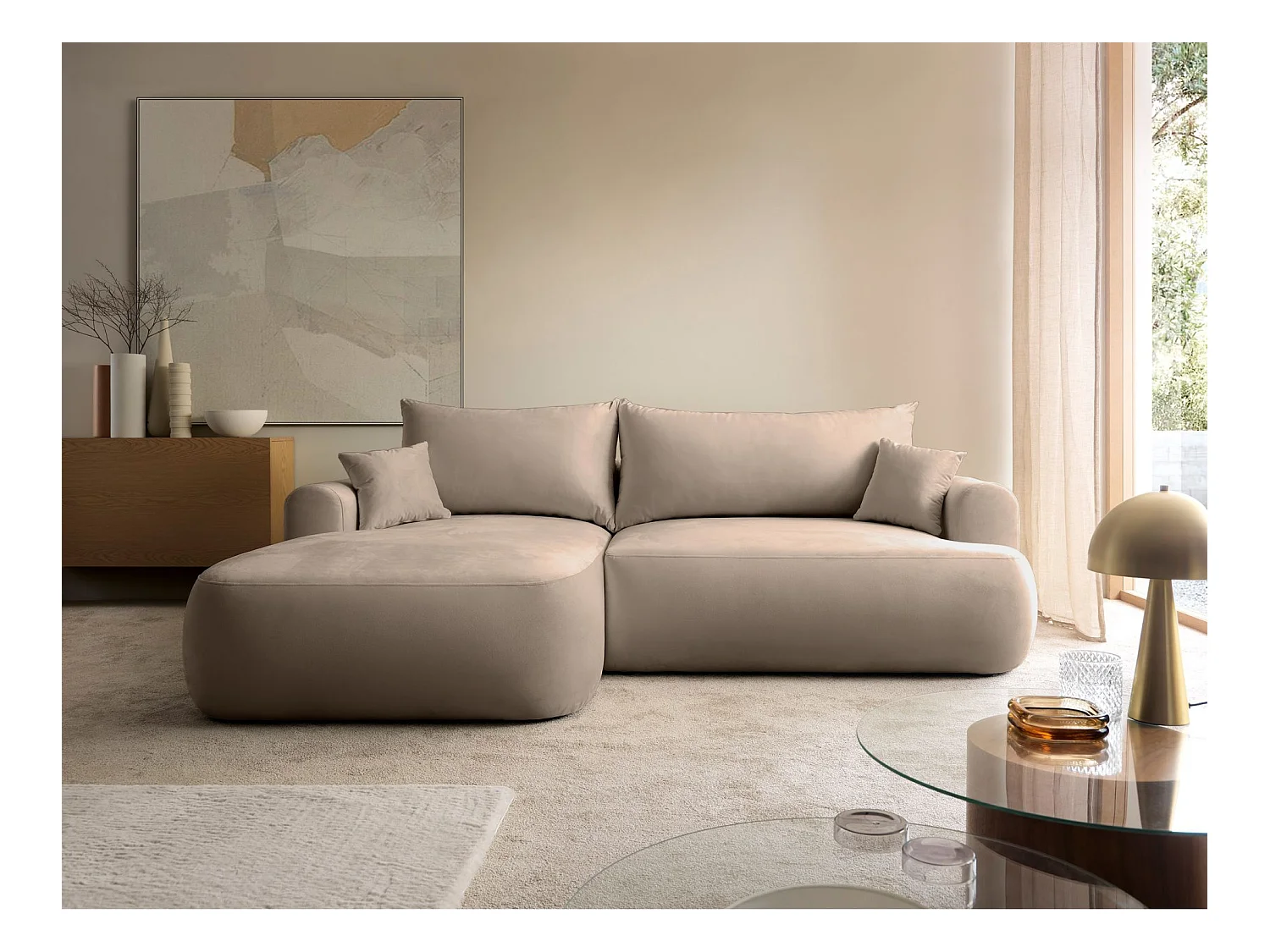 Canapé d'angle réversible - en velours beige- côté gauche - OVO L