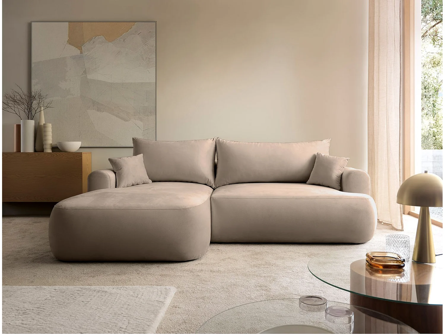 Omkeerbare hoekbank - in beige fluweel - linkerzijde - OVO L