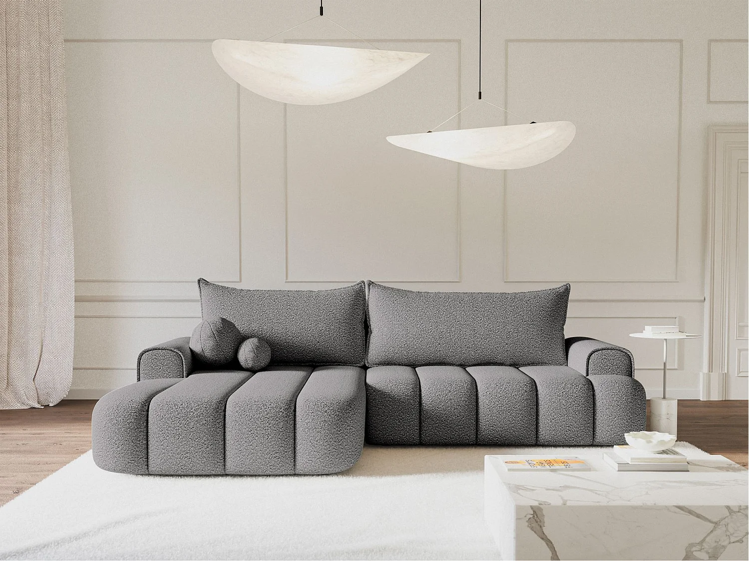 Canapé d'angle convertible - en bouclé gris avec revêtement - côté gauche - DANDELINO