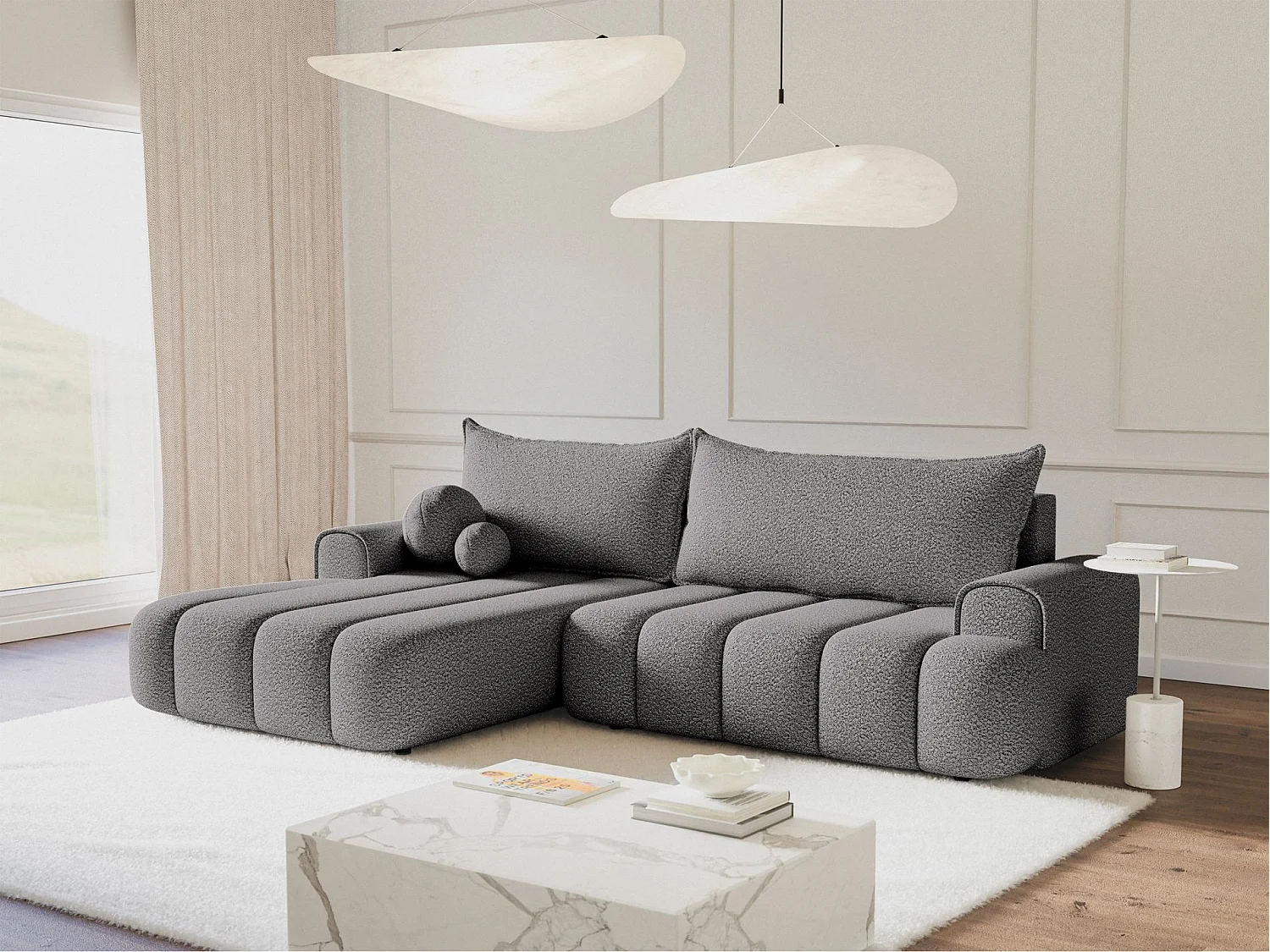 Canapé d'angle convertible - en bouclé gris avec revêtement - côté gauche - DANDELINO