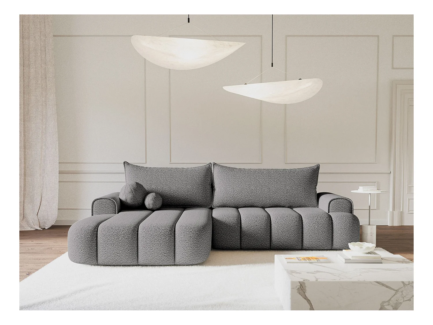 Canapé d'angle convertible - en bouclé gris avec revêtement - côté gauche - DANDELINO